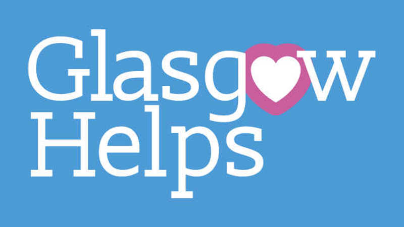 Glasgow Helps logo on blue background in white writing