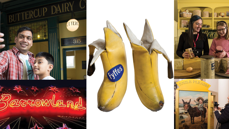 A collage of images showing people enjoying a museum of social history, and a large photo of banana shaped boots